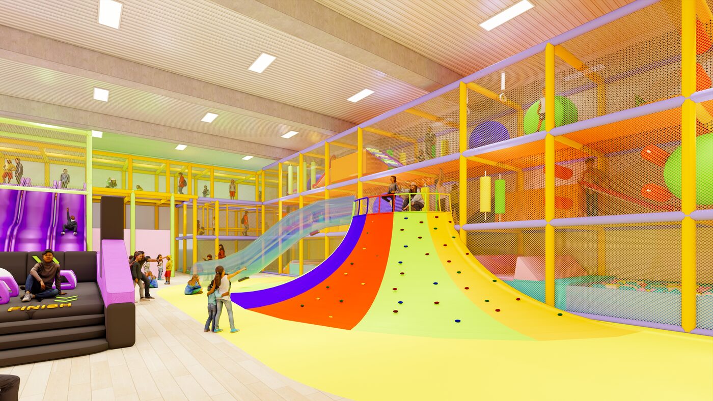 Konzeptvisualisierung eines modernen Indoorspielplatzes mit farbenfroher Kletterlandschaft und Soft-Play-Bereichen