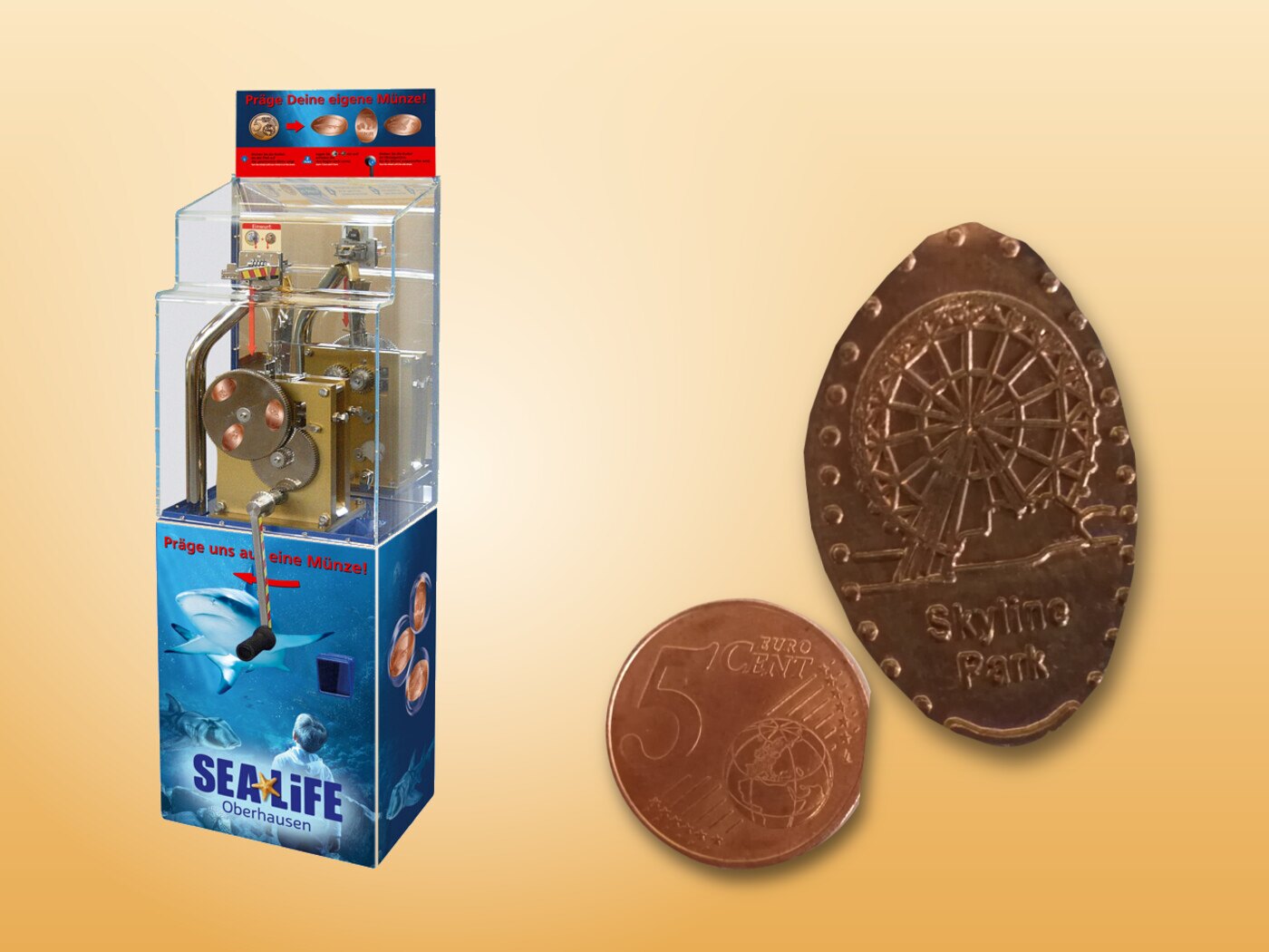 Münzpräger, aus einem 5-Cent-Stück wird eine individuelle Souvenirmünze